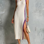 ElevenOra Chic Elegant Cream White Round-Neck Sleeveless Purple Trim Detail Tailored-Waist Slim-Fit Side-Slit Knit Midi Dress
