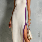 ElevenOra Chic Elegant Cream White Round-Neck Sleeveless Purple Trim Detail Tailored-Waist Slim-Fit Side-Slit Knit Midi Dress