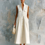 ElevenOra Chic Elegant Cream White Cotton Blend Stand Collar Button-Front Sleeveless Multi-Pocket Loose-Fit Midi Dress