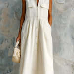 ElevenOra Chic Elegant Cream White Cotton Blend Stand Collar Button-Front Sleeveless Multi-Pocket Loose-Fit Midi Dress