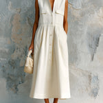 ElevenOra Chic Elegant Cream White Cotton Blend Stand Collar Button-Front Sleeveless Multi-Pocket Loose-Fit Midi Dress