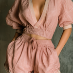 ElevenOra Chic Casual Pink Cotton-Linen Blend V-Neck Contrast Stripe Trim Puff Sleeve Shirt Top Elastic-Waist Shorts Loose-Fit Two-Piece Set