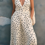 ElevenOra Chic Elegant Cream-Black Polka Dots V-Neck Sleeveless Elastic-Waist A-Line Loose-Fit Maxi Dress