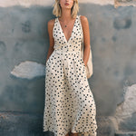 ElevenOra Chic Elegant Cream-Black Polka Dots V-Neck Sleeveless Elastic-Waist A-Line Loose-Fit Maxi Dress