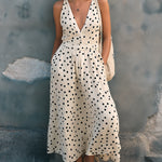 ElevenOra Chic Elegant Cream-Black Polka Dots V-Neck Sleeveless Elastic-Waist A-Line Loose-Fit Maxi Dress