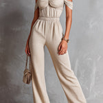 ElevenOra Chic Elegant Beige Cotton Blend Off-The-Shoulder Strappy Pleats Detail Elastic-Waist Slim-Fit Straight-Leg Jumpsuit