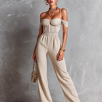ElevenOra Chic Elegant Beige Cotton Blend Off-The-Shoulder Strappy Pleats Detail Elastic-Waist Slim-Fit Straight-Leg Jumpsuit