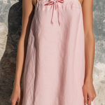 ElevenOra Chic Elegan Pink Spaghetti-Strap Neck Tie Bow Sleeveless Loose-Fit Cotton-Linen Blend Mini Dress