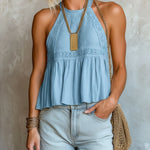 ElevenOra Chic Elegant Beige Cotton-Linen Blend Lace Patchwork Halter-Neck Sleeveless Pleats Detail Tank Top