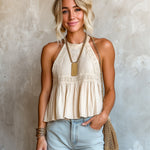 ElevenOra Chic Elegant Beige Cotton-Linen Blend Lace Patchwork Halter-Neck Sleeveless Pleats Detail Tank Top