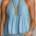 ElevenOra Chic Elegant Beige Cotton-Linen Blend Lace Patchwork Halter-Neck Sleeveless Pleats Detail Tank Top