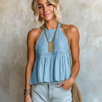 ElevenOra Chic Elegant Beige Cotton-Linen Blend Lace Patchwork Halter-Neck Sleeveless Pleats Detail Tank Top
