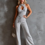 ElevenOra Chic Elegant Light Gray Round-Neck Cutout Detail Sleeveless Tie-Waist Slim-Fit Ribbed Knit Wide-Leg Jumpsuit