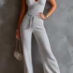 ElevenOra Chic Elegant Light Gray Round-Neck Cutout Detail Sleeveless Tie-Waist Slim-Fit Ribbed Knit Wide-Leg Jumpsuit