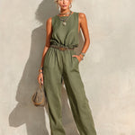 ElevenOra Chic Elegant Army Green Cotton-Linen Blend Round-Neck Sleeveless Belted Patch Pockets Loose-Fit Straight-Leg Jumpsuit