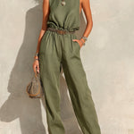 ElevenOra Chic Elegant Army Green Cotton-Linen Blend Round-Neck Sleeveless Belted Patch Pockets Loose-Fit Straight-Leg Jumpsuit