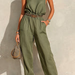 ElevenOra Chic Elegant Army Green Cotton-Linen Blend Round-Neck Sleeveless Belted Patch Pockets Loose-Fit Straight-Leg Jumpsuit