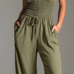 ElevenOra Chic Elegant Olive Green Spaghetti-Strap Ruffled Trim Sleeveless Smocked Elastic-Waist Cotton-Linen Blend Wide-Leg Jumpsuit
