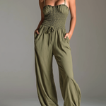ElevenOra Chic Elegant Olive Green Spaghetti-Strap Ruffled Trim Sleeveless Smocked Elastic-Waist Cotton-Linen Blend Wide-Leg Jumpsuit