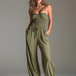 ElevenOra Chic Elegant Olive Green Spaghetti-Strap Ruffled Trim Sleeveless Smocked Elastic-Waist Cotton-Linen Blend Wide-Leg Jumpsuit