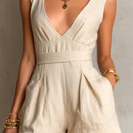 ElevenOra Chic Elegant Beige Cotton-Linen Blend Deep V-Neck Sleeveless Tailored-Waist Slim-Fit Romper