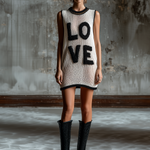 ElevenOra Chic Casual White-Black Colorblock Chenille Embroidery Round-Neck Sleeveless Loose-Fit Knit Mini Dress