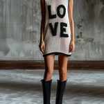 ElevenOra Chic Casual White-Black Colorblock Chenille Embroidery Round-Neck Sleeveless Loose-Fit Knit Mini Dress