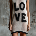 ElevenOra Chic Casual White-Black Colorblock Chenille Embroidery Round-Neck Sleeveless Loose-Fit Knit Mini Dress