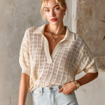 ElevenOra Chic Elegant Beige Lapel V-Neck Half-Sleeve Loose-Fit Breathable Hollow-Out Knit Polo Top