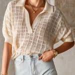 ElevenOra Chic Elegant Beige Lapel V-Neck Half-Sleeve Loose-Fit Breathable Hollow-Out Knit Polo Top
