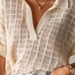 ElevenOra Chic Elegant Beige Lapel V-Neck Half-Sleeve Loose-Fit Breathable Hollow-Out Knit Polo Top