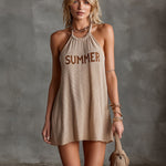 ElevenOra Chic Elegant Camel Halter-Neck Sleeveless Contrast Letter Jacquard A-Line Loose-Fit Knit Mini Dress