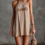 ElevenOra Chic Elegant Camel Halter-Neck Sleeveless Contrast Letter Jacquard A-Line Loose-Fit Knit Mini Dress