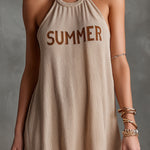 ElevenOra Chic Elegant Camel Halter-Neck Sleeveless Contrast Letter Jacquard A-Line Loose-Fit Knit Mini Dress