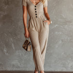 ElevenOra Chic Elegant Camel Rib Cotton Blend V-Neck Short-Sleeve Button-Front Elastic-Waist Straight-Leg Jumpsuit
