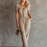 ElevenOra Chic Elegant Camel Rib Cotton Blend V-Neck Short-Sleeve Button-Front Elastic-Waist Straight-Leg Jumpsuit