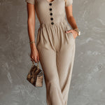ElevenOra Chic Elegant Camel Rib Cotton Blend V-Neck Short-Sleeve Button-Front Elastic-Waist Straight-Leg Jumpsuit