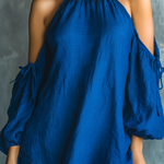 ElevenOra Chic Elegant Royal Blue Halter Neck Cold-Shoulder Drawstring Puff Sleeves Loose-Fit Cotton-Linen Blend Mini Dress