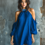 ElevenOra Chic Elegant Royal Blue Halter Neck Cold-Shoulder Drawstring Puff Sleeves Loose-Fit Cotton-Linen Blend Mini Dress