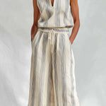ElevenOra Chic Elegant Beige-Gray Stripes Cotton-Linen Blend Stand Collar V-Neck Sleeveless Vest Drawstring-Waist Wide-Leg Cropped Pants Two-Piece Set