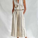 ElevenOra Chic Elegant Beige-Gray Stripes Cotton-Linen Blend Stand Collar V-Neck Sleeveless Vest Drawstring-Waist Wide-Leg Cropped Pants Two-Piece Set