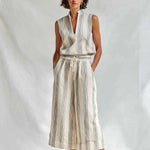 ElevenOra Chic Elegant Beige-Gray Stripes Cotton-Linen Blend Stand Collar V-Neck Sleeveless Vest Drawstring-Waist Wide-Leg Cropped Pants Two-Piece Set