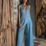 ElevenOra Chic Elegant Blue V-Neck Button Detail Sleeveless Loose-Fit Cotton-Linen Blend Wide-Leg Jumpsuit