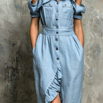 ElevenOra Chic Elegant Blue Spaghetti Straps Cold-Shoulder Button-Front Patch Pockets Ruffle Hem Cotton-Linen Blend Maxi Dress