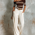 ElevenOra Chic Elegant Brown-Beige Striped Off-The-Shoulder Slim-Fit Short-Sleeve Sweater Top White Linen Wide-Leg Pants Loose-Fit Two-Piece Set