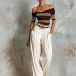 ElevenOra Chic Elegant Brown-Beige Striped Off-The-Shoulder Slim-Fit Short-Sleeve Sweater Top White Linen Wide-Leg Pants Loose-Fit Two-Piece Set