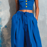 ElevenOra Chic Elegant Klein Blue Cotton-Linen Blend Spaghetti-Strap Square-Neck Sleeveless Button-Front Patch PocketsTank Top Wide-Leg Pants Two-Piece Set