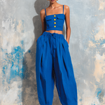 ElevenOra Chic Elegant Klein Blue Cotton-Linen Blend Spaghetti-Strap Square-Neck Sleeveless Button-Front Patch PocketsTank Top Wide-Leg Pants Two-Piece Set