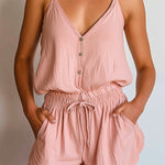 ElevenOra Chic Elegant Pink Cotton-Linen Blend Spaghetti-Strap V-Neck Button-Front Camisole Drawstring-Waist Shorts Two-Piece Set