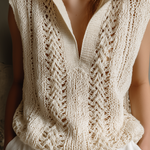 ElevenOra Chic Casual Off-White Lapel Collar V-Neck Sleeveless Loose-Fit Hollow-Out Knit Vest Top